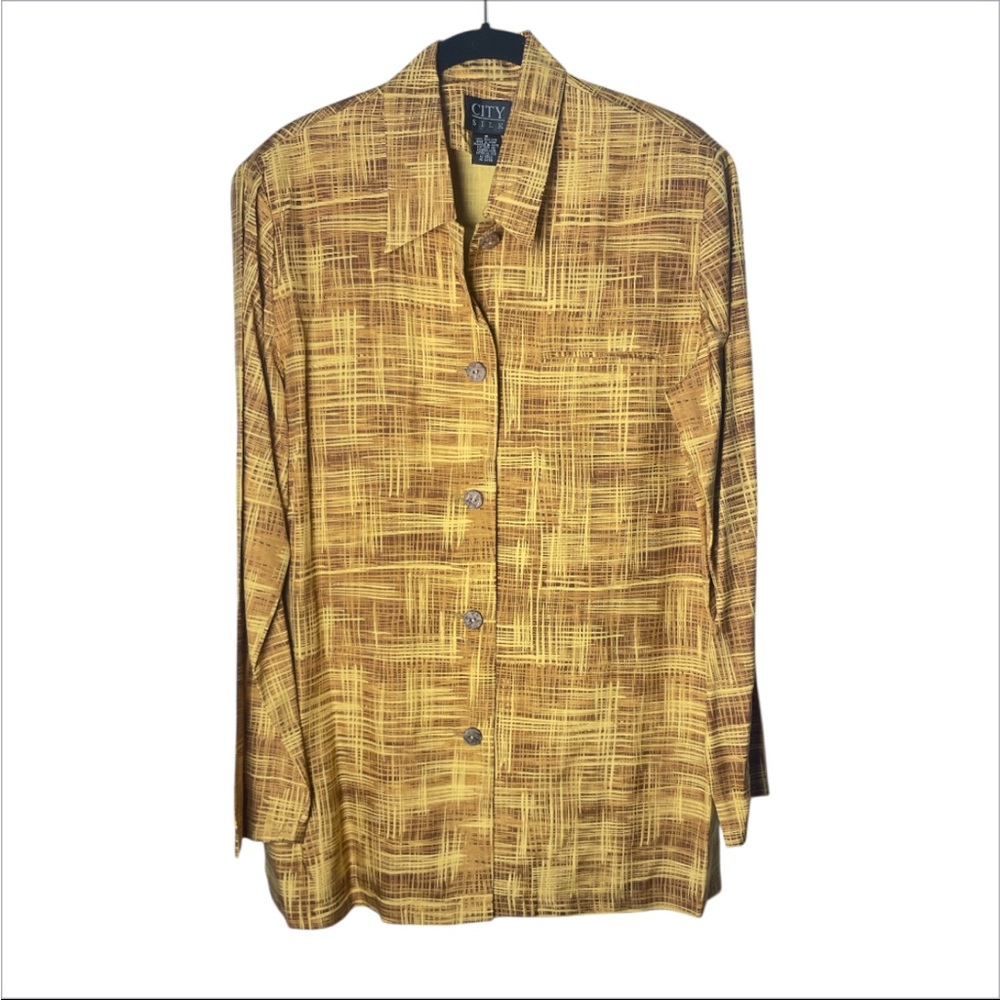 Vintage City Silk Unisex 100% silk geometric print gold button down shirt size M